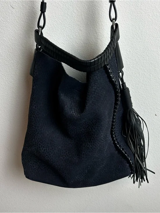 ALL SAINTS Leather suede purse pearl mini hobo bag dark blue - Picture 2 of 16